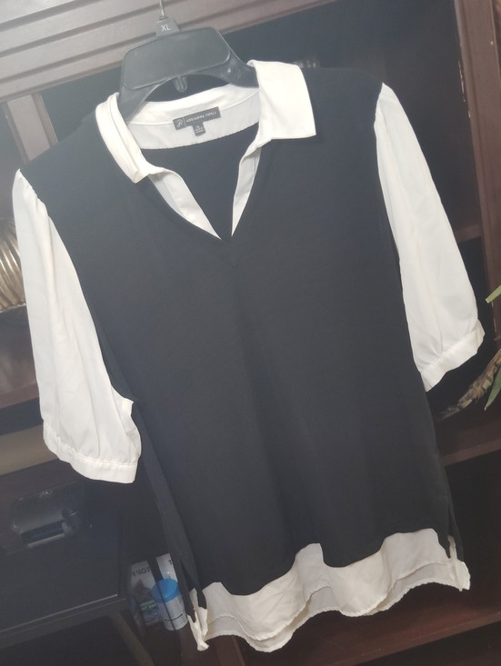 Adrianna Papell Tops - Adrianna Papell Black Layered-Look Blouse with White Collar and Sleeves